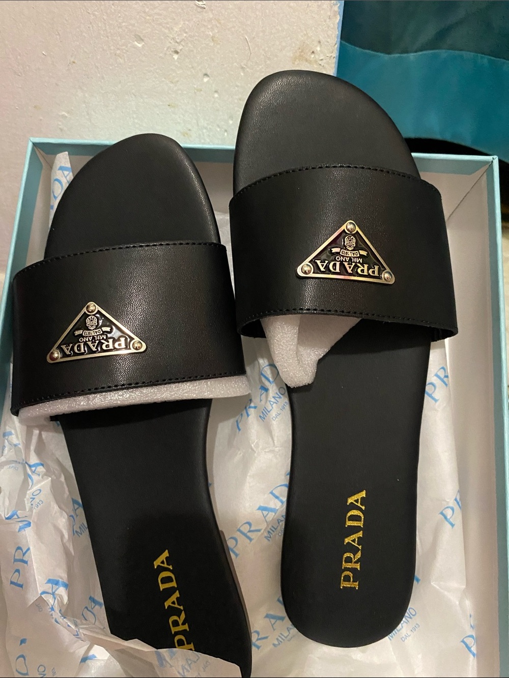 Prada Black Logo Triangle Plaque Slide Sandals - Picture 3 of 7